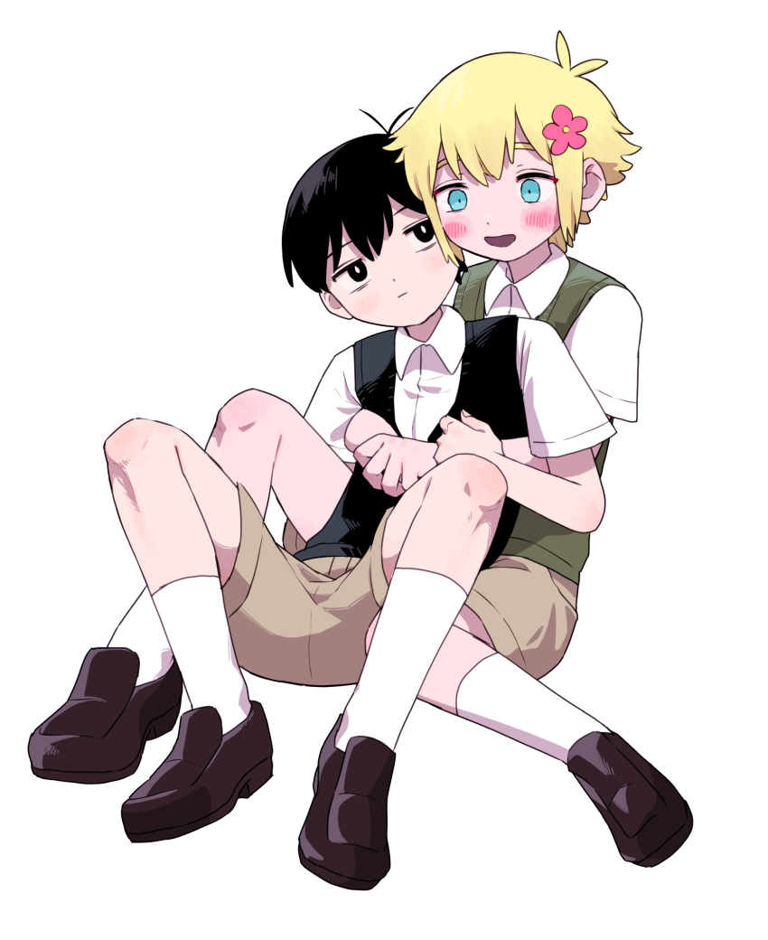 2boys basil_(faraway)_(omori) basil_(omori) black_eyes black_hair black_sweater_vest blonde_hair blue_eyes blush bright_pupils brown_shorts closed_mouth collared_shirt expressionless flower green_sweater_vest hair_flower hair_ornament highres hug hug_from_behind looking_at_another male_focus miranosub multiple_boys omori open_mouth shirt short_hair shorts simple_background sitting smile socks sunny_(omori) sweater_vest white_background white_pupils white_socks yaoi
