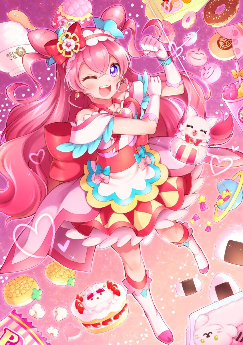1girl ;d absurdres apron arakawa_tarou back_bow boots bow bowl bread cake choker clenched_hand commentary_request crossed_bangs cup cure_precious delicious_party_precure donut double_bun dress earrings food full_body gloves hair_between_eyes hair_bow hair_bun hairband hand_on_own_arm highres jewelry knee_boots kome-kome layered_dress long_hair looking_at_viewer magical_girl melon_bread nagomi_yui one_eye_closed onigiri open_mouth pink_background pink_choker pink_hair pink_hairband popcorn precure purple_eyes red_bow rice rice_bowl smile solo teeth two_side_up upper_teeth_only very_long_hair white_apron white_boots white_dress white_gloves
