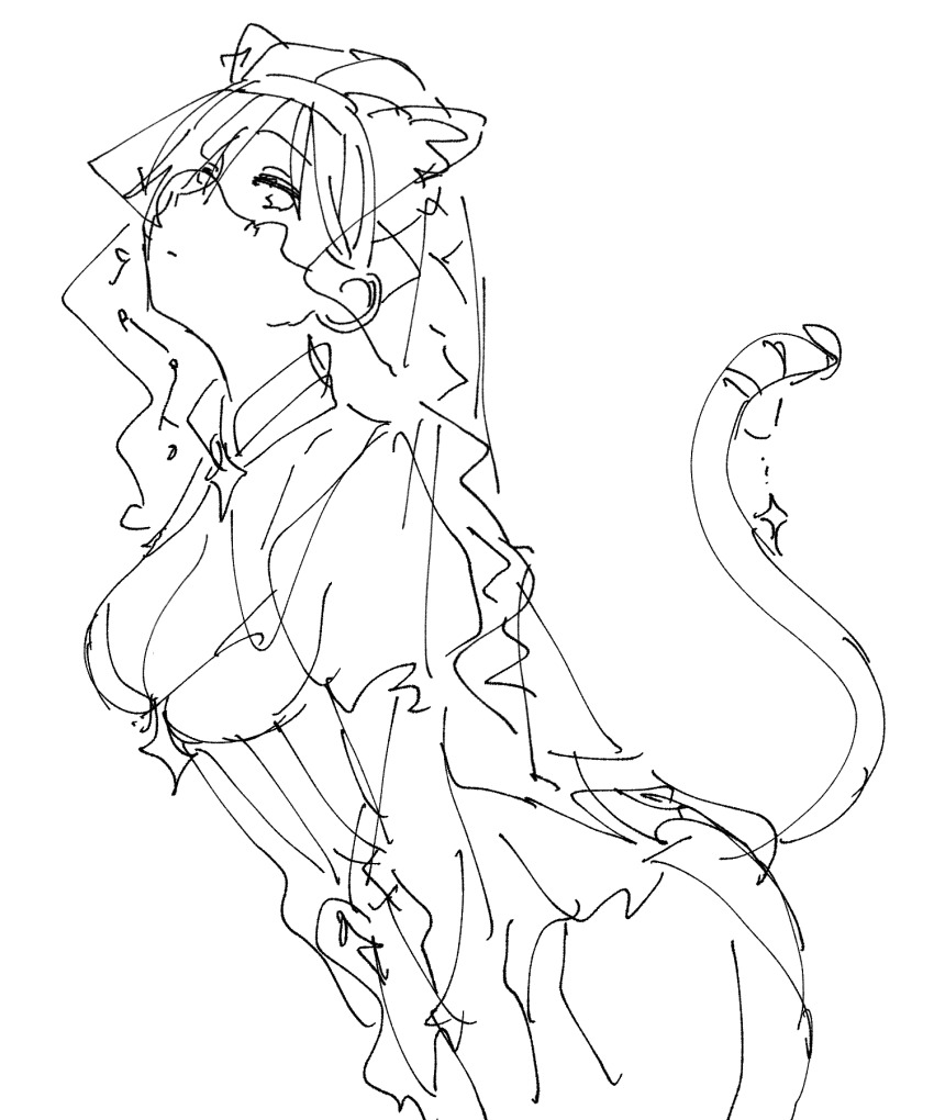 1girl animal_ears breasts cat_ears cat_girl cat_tail cattail cleavage dress funeral_dress highres large_breasts looking_at_viewer mina_mathers nmdsk plant short_hair sketch solo tail tail_ornament tail_raised toaru_majutsu_no_index toaru_majutsu_no_index:_new_testament veil white_background
