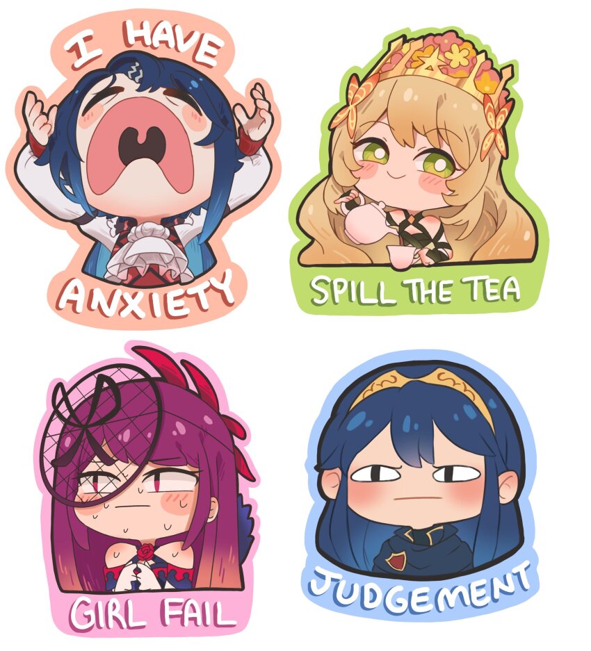 1boy 3girls alcryst_(fire_emblem) blonde_hair blue_hair celine_(fire_emblem) crown cup fire_emblem fire_emblem_engage flower green_eyes halapokok highres holding holding_cup holding_teapot ivy_(fire_emblem) lucina_(fire_emblem) multiple_girls nintendo open_mouth purple_hair red_eyes sticker teacup teapot