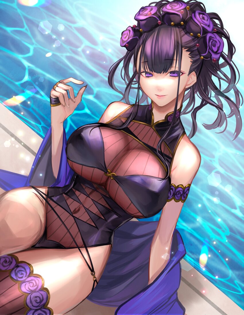 1girl absurdres armlet black_hair breasts covered_navel fate/grand_order fate_(series) flower hair_flower hair_ornament highres jewelry large_breasts murasaki_shikibu_(fate) murasaki_shikibu_(swimsuit_rider)_(fate) murasaki_shikibu_(swimsuit_rider)_(first_ascension)_(fate) one-piece_swimsuit pool poolside purple_eyes ri-ko smile swimsuit thighhighs