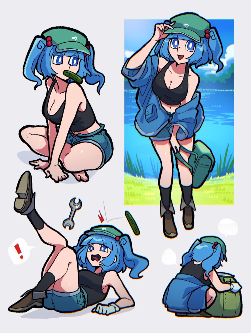 ! 1girl alternate_costume backpack bag black_socks black_tank_top blue_eyes blue_hair blue_jacket blue_shorts breasts bright_pupils brown_shoes cleavage collarbone cucumber denim denim_shorts gloves green_hat hair_bobbles hair_ornament hat highres iganashi1 indian_style jacket kawashiro_nitori large_breasts looking_at_viewer navel open_mouth shoes short_hair short_shorts short_sleeves short_twintails shorts sitting smile socks solo speech_bubble spoken_exclamation_mark squatting tank_top tongue tongue_out touhou twintails white_gloves white_pupils wrench