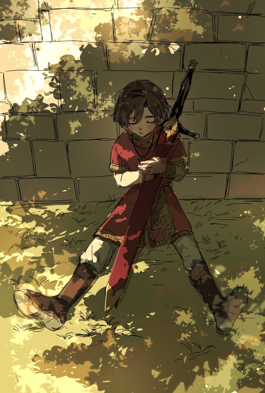 1boy against_wall aged_down black_hair blush boots brick_wall brown_boots closed_eyes constantine_xi_(fate) curtained_hair dappled_sunlight earrings fate/grand_order fate_(series) full_body hair_between_eyes highres holding holding_sword holding_weapon hugging_object jewelry layered_sleeves long_sleeves male_focus on_grass pants parted_lips pendant red_tunic sheath sheathed shirt short_hair short_over_long_sleeves short_sleeves sitting sleeping sleeping_upright solo sunlight sword tunic weapon white_pants white_shirt yayayakan