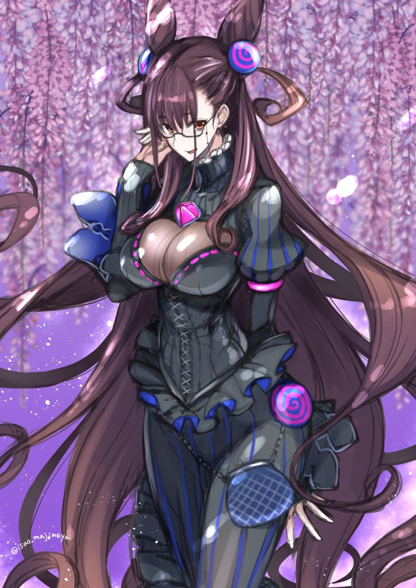 1girl black_dress blush breasts brown_hair cone_hair_bun double_bun dress eyewear_strap fate/grand_order fate_(series) female_focus flower gem glasses hair_bun highres isao juliet_sleeves large_breasts long_hair long_sleeves looking_at_viewer murasaki_shikibu_(fate) open_mouth puff_and_slash_sleeves puffy_sleeves purple_eyes purple_gemstone sleeves_past_wrists smile solo two_side_up very_long_hair wisteria