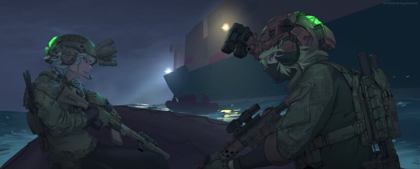 2girls 5others assault_rifle black_mask blonde_hair boat bolt_cutters bulletproof_vest camouflage camouflage_gloves camouflage_jacket cargo_ship combat_helmet commission crossover ear_protection flashlight geissele_urg-i gun handgun helmet highres holster hybrid_sight jacket laser_sight m4_carbine mask medium_hair multiple_girls multiple_others night_vision_device ocean on_boat open_mouth optical_sight original outdoors paperboathat rifle ship sig_sauer sig_sauer_p320 sonya_(paperboathat) suppressor trigger_discipline vertical_foregrip watercraft weapon white_hair