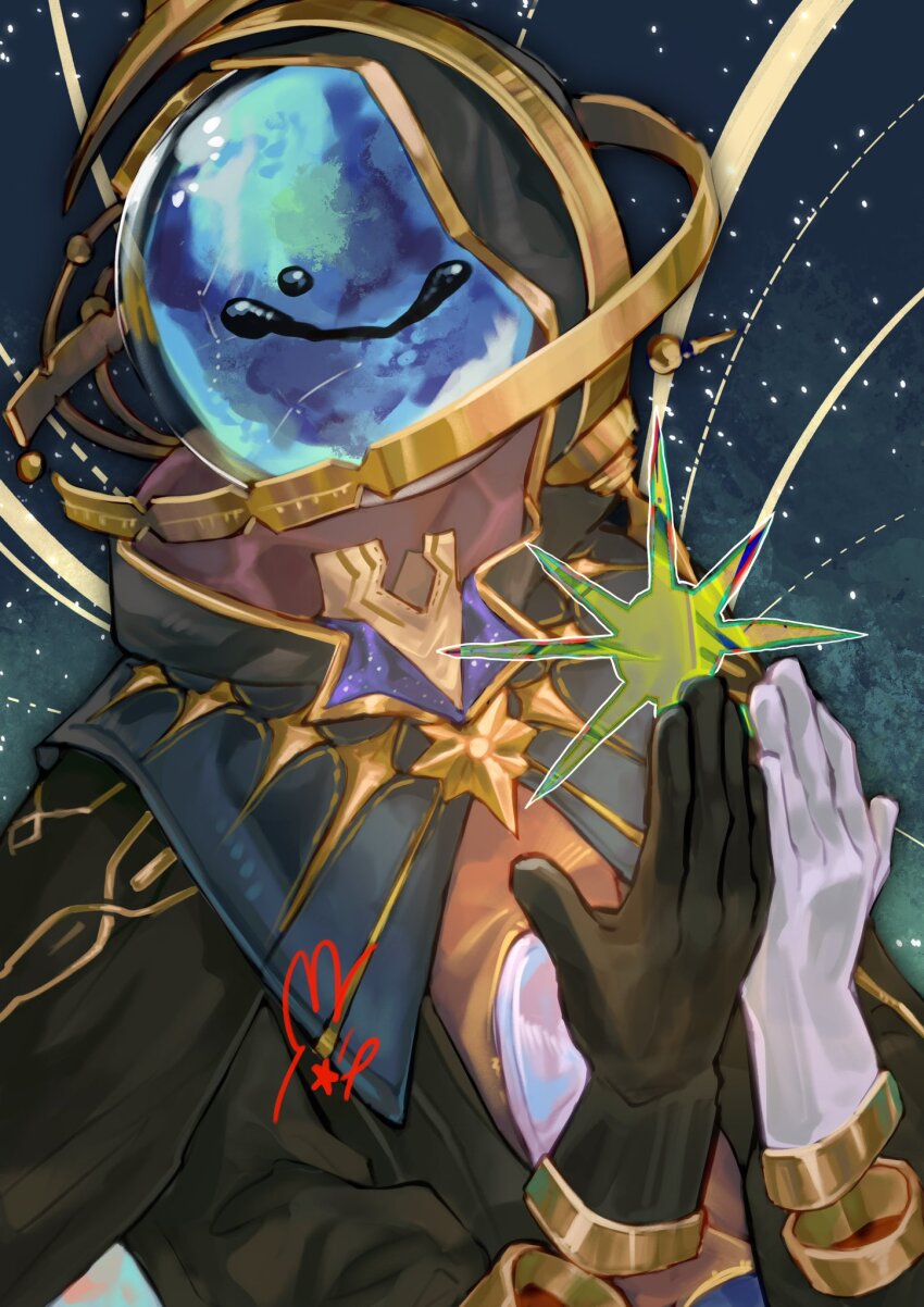 1boy asymmetrical_gloves black_gloves black_robe blue_background ferrofluid fishbowl_helmet gloves hands_up highres light_particles male_focus meltingpurin mismatched_gloves object_head official_alternate_costume reverse:1999 robe solo sparkle ulrich_(reverse:1999) upper_body white_gloves