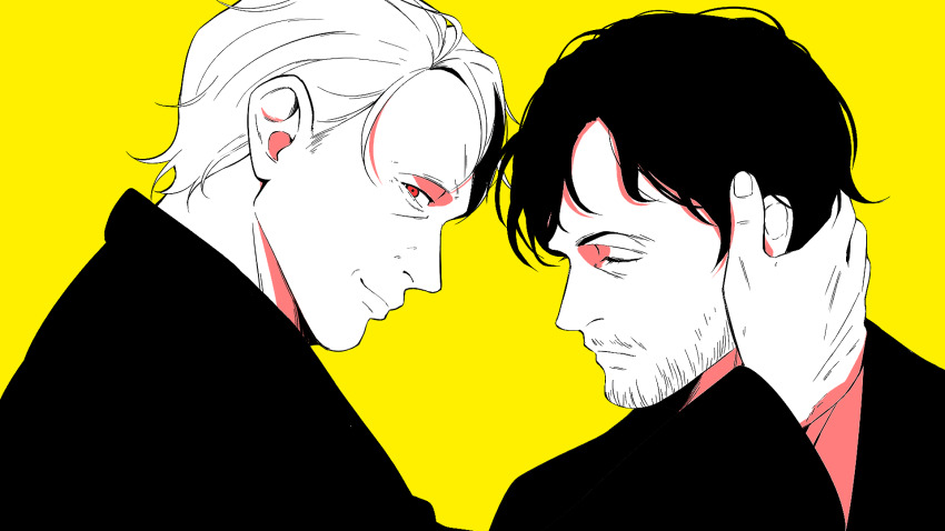 2boys choco_(chocovix112) closed_mouth facial_hair from_side hannibal_(tv_series) hannibal_lecter highres long_sleeves looking_at_viewer looking_to_the_side male_focus multiple_boys profile red_eyes simple_background smile stubble upper_body wide_sleeves will_graham yellow_background