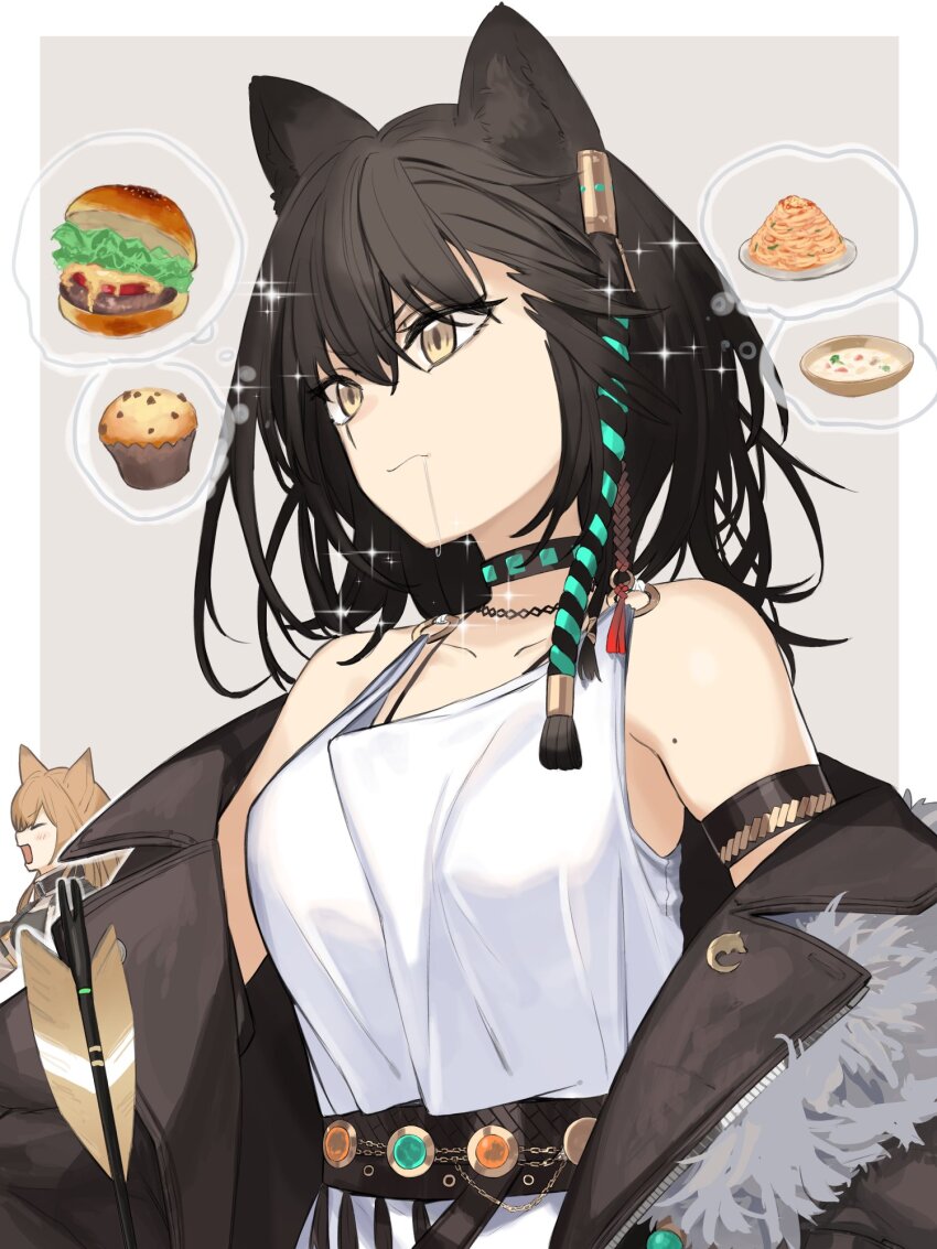 2girls animal_ears arknights arrow_(projectile) bare_shoulders belt black_choker black_coat black_hair border braid breasts brown_hair burger ceobe_(arknights) choker closed_mouth coat collarbone dog_ears drooling food fur-trimmed_coat fur_trim ganesagi grey_background highres jewelry long_hair lunacub_(arknights) medium_breasts mole mole_on_arm muffin multiple_girls necklace open_clothes open_coat outside_border pasta saliva side_braid simple_background solo_focus soup spaghetti speech_bubble thought_bubble upper_body v-shaped_eyebrows white_border wolf_ears yellow_eyes
