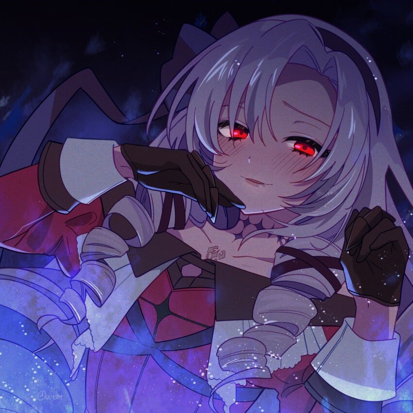1girl blush chest_tattoo commentary_request dark drill_hair evil_smile glowing glowing_eyes hand_to_own_mouth highres hyakumantenbara_salome hyakumantenbara_salome_(1st_costume) kakaramama long_hair looking_at_viewer nijisanji parted_lips purple_hair red_eyes smile solo tattoo twitter_username virtual_youtuber