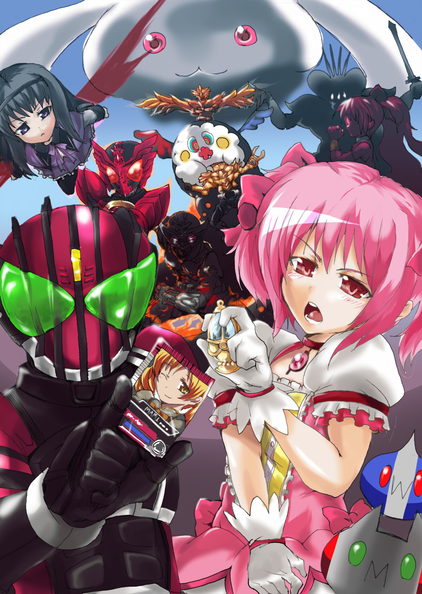 10s 3girls 5boys absurdres akemi_homura akemi_homura_(magical_girl) bad_id bad_pixiv_id black_hair card charlotte_(madoka_magica) crossover highres kamen_rider kamen_rider_blade kamen_rider_blade_(series) kamen_rider_dcd kamen_rider_decade kamen_rider_garren kamen_rider_odin kamen_rider_ooo kamen_rider_ooo_(series) kamen_rider_ryuki kamen_rider_ryuki_(series) kamen_rider_scissor kamen_rider_scissors kaname_madoka kaname_madoka_(magical_girl) kyubey mahou_shoujo_madoka_magica mahou_shoujo_madoka_magica_(anime) mami_mogu_mogu multiple_boys multiple_girls oktavia_von_seckendorff pink_hair sakura_kyoko sakura_kyoko_(magical_girl) silly_(marinkomoe) soul_gem sword tajador_(ooo_combo) tomoe_mami tomoe_mami_(magical_girl) weapon wings