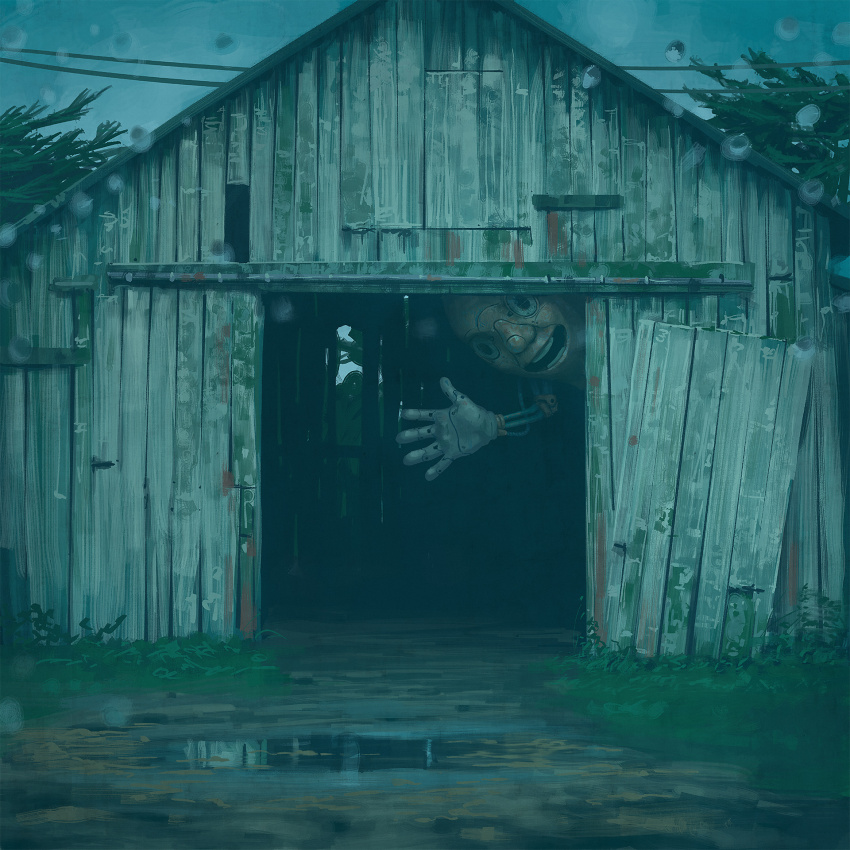 1other barn highres horror_(theme) original plant power_lines puddle rain science_fiction simon_stalenhag smile wet_lens