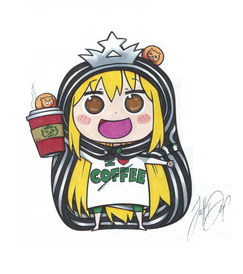 1girl blonde_hair blush brown_eyes chibi chibi_only coffee commentary costume cup doma_umaru english_commentary english_text highres himouto!_umaru-chan holding holding_cup justd3f long_hair looking_at_viewer marker_(medium) open_mouth signature smile tongue traditional_media very_long_hair white_background white_tiara