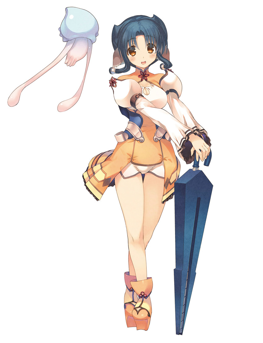1girl absurdres amazuyu_tatsuki animal_ears aquaplus atuy blue_hair breasts cleavage dress female_focus full_body hair_ornament highres holding holding_weapon jellyfish looking_at_viewer medium_breasts official_art orange_dress orange_eyes short_shorts shorts simple_background smile solo standing tagme thighs utawarerumono utawarerumono:_futari_no_hakuoro utawarerumono:_itsuwari_no_kamen weapon white_background