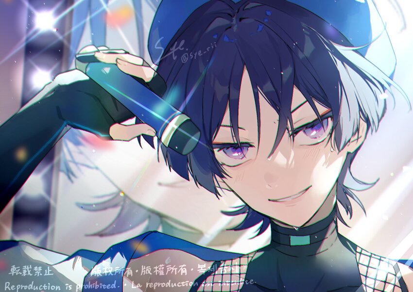 1boy alternate_costume bare_shoulders beret black_bodysuit black_choker black_gloves black_hair blue_hat blue_trim blunt_ends bodysuit choker covered_collarbone fingerless_gloves fishnet_top fishnets genshin_impact gloves hair_between_eyes hair_intakes hat highres holding holding_microphone looking_at_viewer male_focus microphone off_shoulder parted_lips purple_eyes scaramouche_(genshin_impact) short_sleeves smile solo syerii wanderer_(genshin_impact) white_sleeves