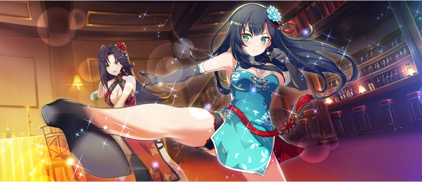2girls black_hair breasts chinese_clothes cleavage cleavage_cutout clothing_cutout dress elbow_gloves game_cg gloves green_dress green_eyes hair_ornament high_heels highres kicking kono_subarashii_sekai_ni_shukufuku_wo! konosuba!_fantastic_days lia_(konosuba) long_hair medium_breasts melissa_(konosuba) multiple_girls official_art red_dress yellow_eyes