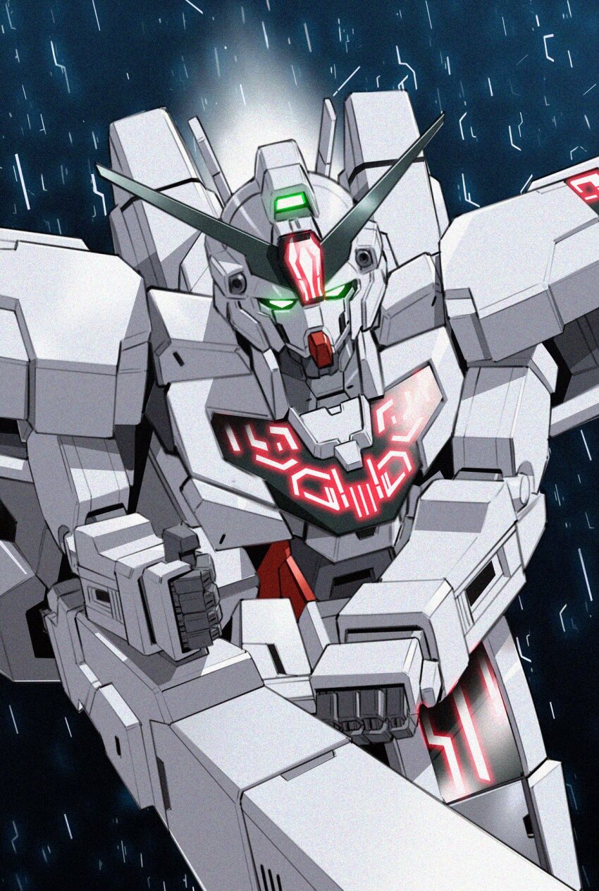 asaba_naoto beam_cannon commentary_request energy_cannon exhaust glowing glowing_eyes green_eyes gundam gundam_calibarn gundam_suisei_no_majo highres holding holding_cannon holding_weapon mecha mobile_suit no_humans robot science_fiction solo v-fin weapon
