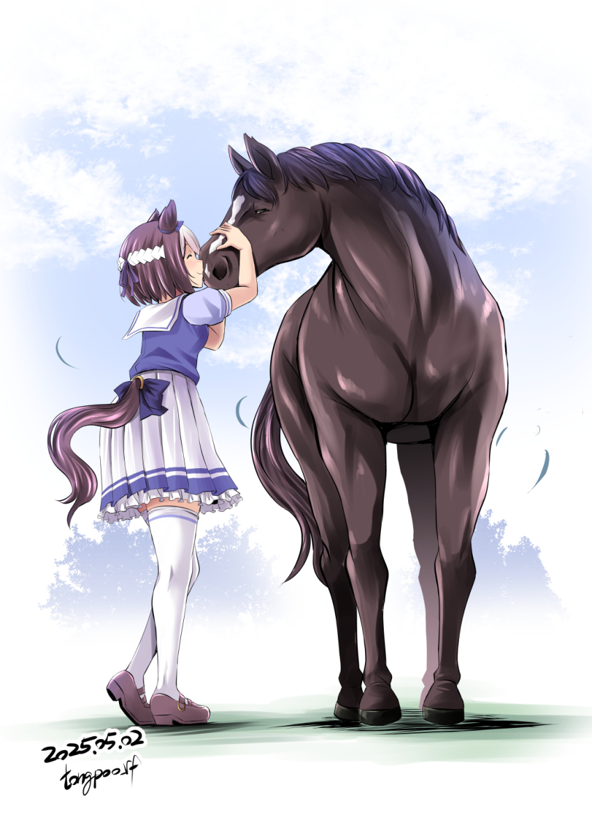 1girl 1other animal_ears back_bow bow brown_hair brown_shoes clothing_cutout commentary_request creature_and_personification dated highres horse horse_ears horse_girl large_bow loafers looking_at_another multicolored_hair partial_commentary personification pleated_skirt puffy_short_sleeves puffy_sleeves purple_bow purple_shirt real_life sailor_collar sailor_shirt school_uniform shirt shoes short_hair short_sleeves signature skirt special_week_(racehorse) special_week_(umamusume) tail tail_through_clothes thighhighs tonpuu tracen_school_uniform two-tone_hair umamusume white_hair white_skirt white_thighhighs