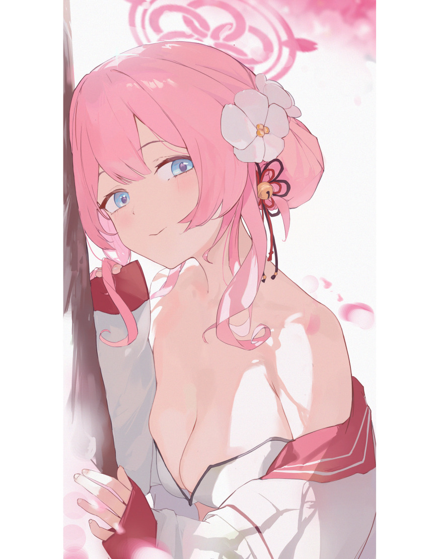 1girl absurdres bare_shoulders bikini blue_archive blue_eyes breasts cherry_blossoms cleavage closed_mouth flower hair_between_eyes hair_bun hair_flower hair_ornament highres jacket long_hair looking_at_viewer medium_breasts mimori_(blue_archive) mimori_(swimsuit)_(blue_archive) official_alternate_costume pink_hair sidelocks smile solo swimsuit white_bikini white_flower white_jacket wturnip