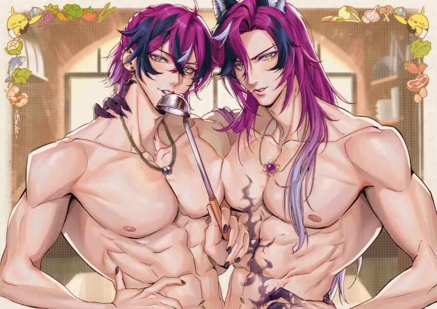 2boys abs ahoge animal_ears artist_name asparagus bird black_hair black_nails border broccoli carrot cauliflower chain chain_necklace chick collarbone colored_skin commentary crossed_bangs doppio_dropscythe doppio_dropscythe_(2nd_costume) dual_persona earclip earrings english_commentary eyebrow_piercing eyeshadow fingernails fish food fruit garlic gem gold_necklace grapes green_eyes hair_between_eyes hair_over_shoulder hand_on_own_hip hand_up highres holding holding_ladle holding_tray jewelry ladle leaf long_fingernails long_hair looking_at_viewer makeup male_focus meat medium_hair multicolored_eyes multicolored_hair multicolored_skin multiple_boys mushroom nail_polish navel necklace nijisanji nijisanji_en nipples outside_border parted_bangs parted_lips pectorals piercing potato purple_eyeshadow purple_gemstone purple_hair purple_skin ring ring_necklace scythekick_(doppio_dropscythe) serving_dome seulin sharp_fingernails shelf shrimp sidelocks signature spring_onion stomach strawberry streaked_hair tomato topless_male tray virtual_youtuber white_border white_hair window wolf_ears yellow_eyes