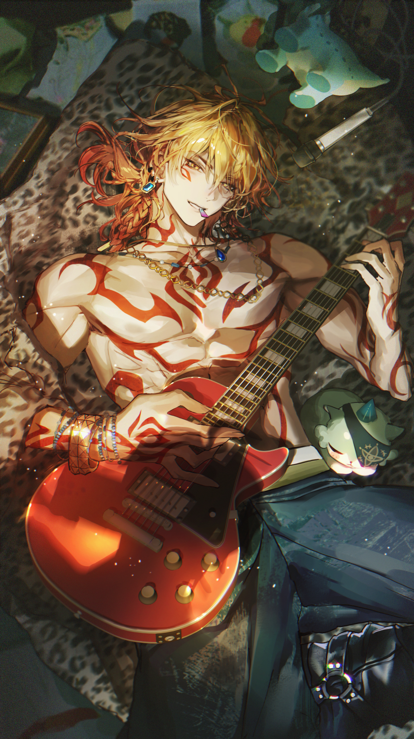 1boy abs absurdres anaxa_(honkai:_star_rail) anaxa_(nanus)_(honkai:_star_rail) animal_print arm_tattoo black_boots blonde_hair boots bracelet braid chest_tattoo chimera_(honkai:_star_rail) coat commentary denim electric_guitar facial_tattoo gold_bracelet gradient_hair guitar hair_between_eyes highres holding holding_guitar holding_instrument honkai:_star_rail honkai_(series) instrument jeans jewelry kkuekkue_(chifer1958) leopard_print looking_at_viewer male_focus male_underwear male_underwear_peek medium_hair mouth_hold multicolored_hair mydei_(honkai:_star_rail) open_clothes open_coat pants plectrum plectrum_in_mouth red_hair red_tattoo side_braid solo tattoo toned toned_male underwear yellow_eyes