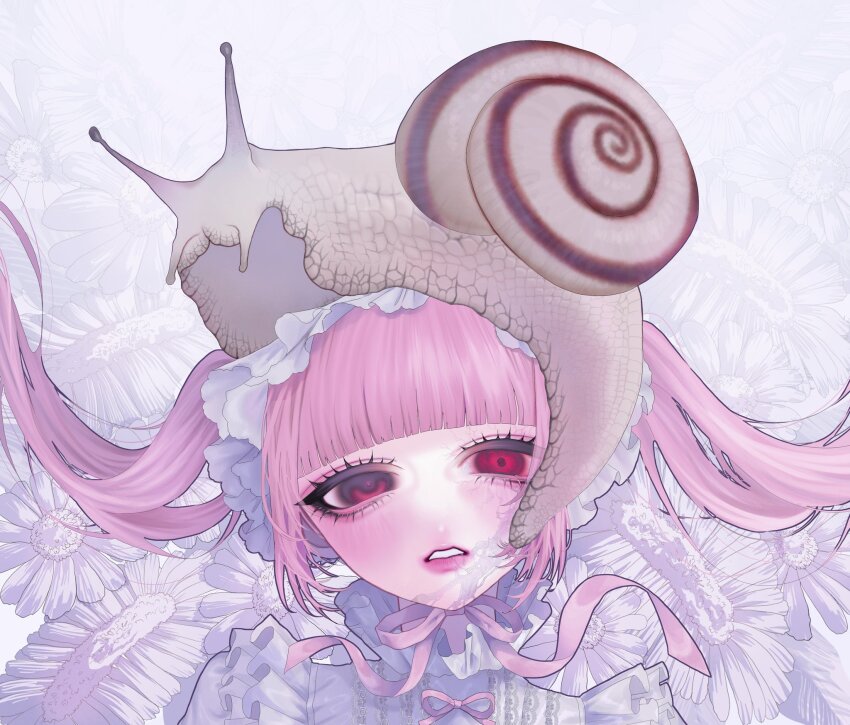 1girl aegyo_sal blunt_bangs blush bow commentary_request eyelashes flower frilled_hairband frills hairband highres kawaii_is_curse original pale_skin pink_eyes pink_hair pink_lips shell snail snail_shell twintails