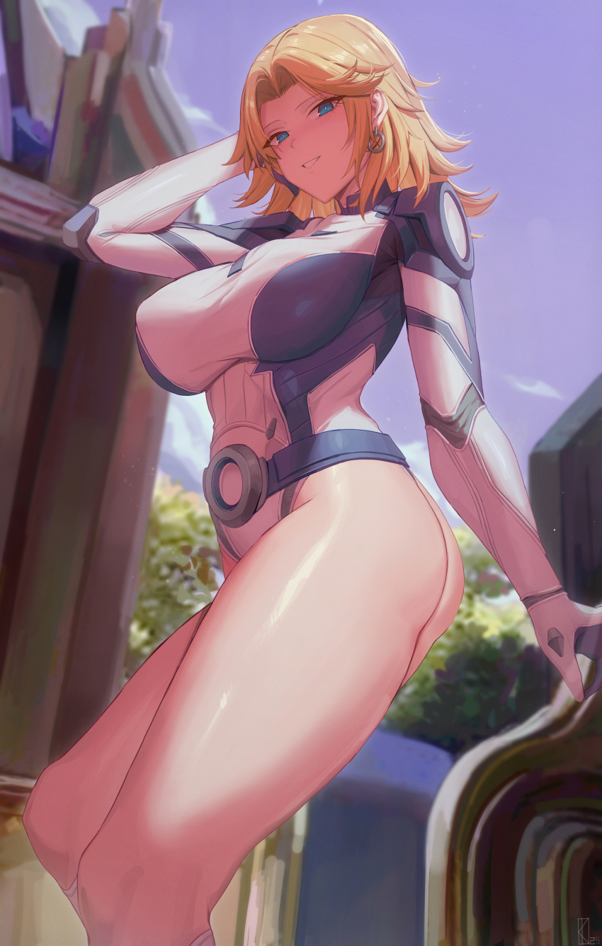 1girl absurdres belt blue_bodysuit blue_eyes blue_sky blush bodysuit breasts closed_mouth earrings fantastic_four grin highres hoop_earrings jewelry kakeku large_breasts long_hair long_sleeves looking_at_viewer marvel marvel_rivals parted_bangs sky smile solo sue_storm thighs two-tone_bodysuit white_bodysuit