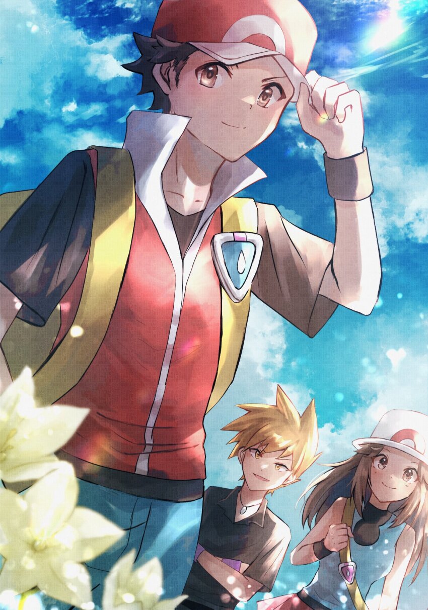 1girl 2boys backpack bag blue_oak brown_eyes brown_hair cloud collared_shirt commentary_request crossed_arms day flower hand_on_headwear hand_up hat highres leaf_(pokemon) long_hair multiple_boys nintendo outdoors pants pokemon pokemon_frlg red_(pokemon) red_hat red_vest shirt shiruko_(s1ruko) short_hair short_sleeves sky sleeveless sleeveless_shirt strap t-shirt vest vs_seeker white_hat wristband yellow_bag