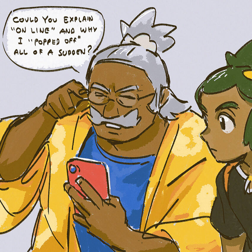 2boys adjusting_eyewear black_eyes blue_shirt closed_eyes closed_mouth commentary dark-skinned_male dark_skin english_text facial_hair glasses go-lurk grandfather_and_grandson green_hair grey_background grey_hair hala_(pokemon) hau_(pokemon) highres holding holding_phone jacket male_focus multiple_boys mustache nintendo open_clothes open_jacket phone pokemon pokemon_sm shirt short_sleeves speech_bubble teeth yellow_jacket