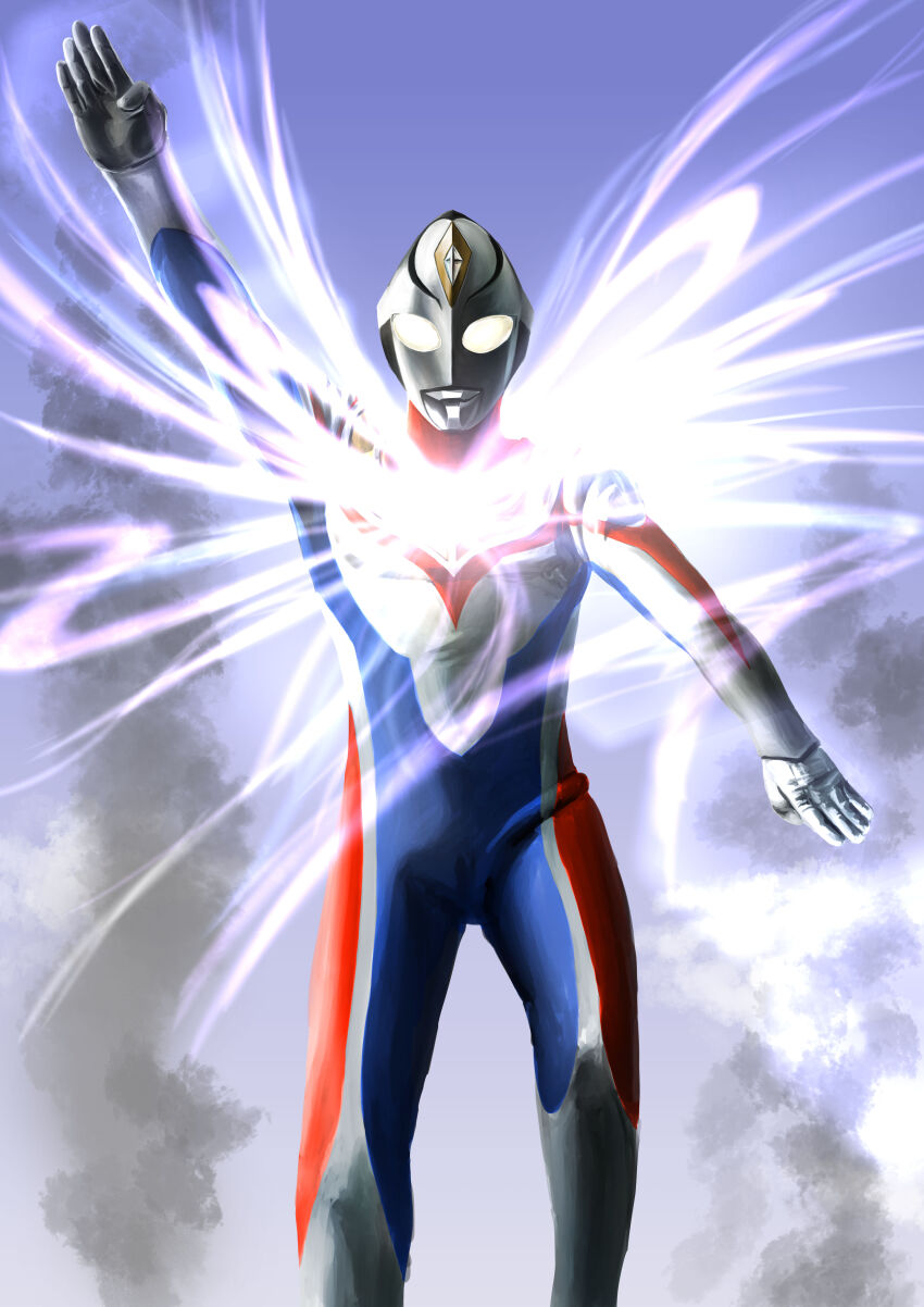 1boy absurdres alien arm_up armor battle blue_skin blue_sky breastplate cloud cloudy_sky color_timer colored_skin commentary compound_eyes day dorsal_fin energy feet_out_of_frame flash_type_(ultra_series) forehead_jewel gattyo glowing glowing_eyes highres leg_up looking_down male_focus midair multicolored_skin outdoors red_skin silver_skin sky smoke smoke_trail solo solo_focus tokusatsu ultra_series ultraman_dyna ultraman_dyna_(flash_type) ultraman_dyna_(series) ultraman_tiga_&amp;_ultraman_dyna:_hikari_no_hoshi_no_senshi-tachi white_eyes wrinkled_skin