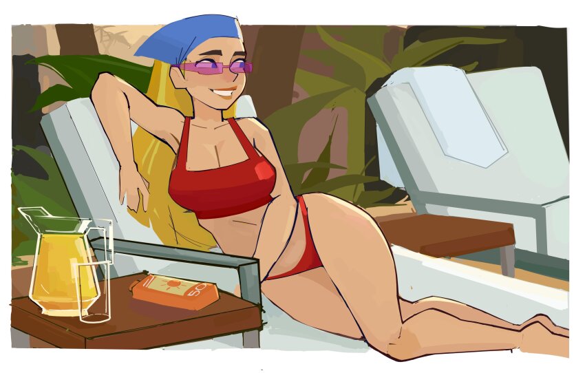 1girl absurdres al&#039;dorian bandana bikini blonde_hair blue_bandana blue_eyes border breasts day deck_chair glass highres large_breasts lindsay_(total_drama) long_hair lotion lying on_side outdoors outside_border pink-tinted_eyewear pitcher_(container) red_bikini solo sunglasses sunscreen swimsuit tinted_eyewear total_drama white_border