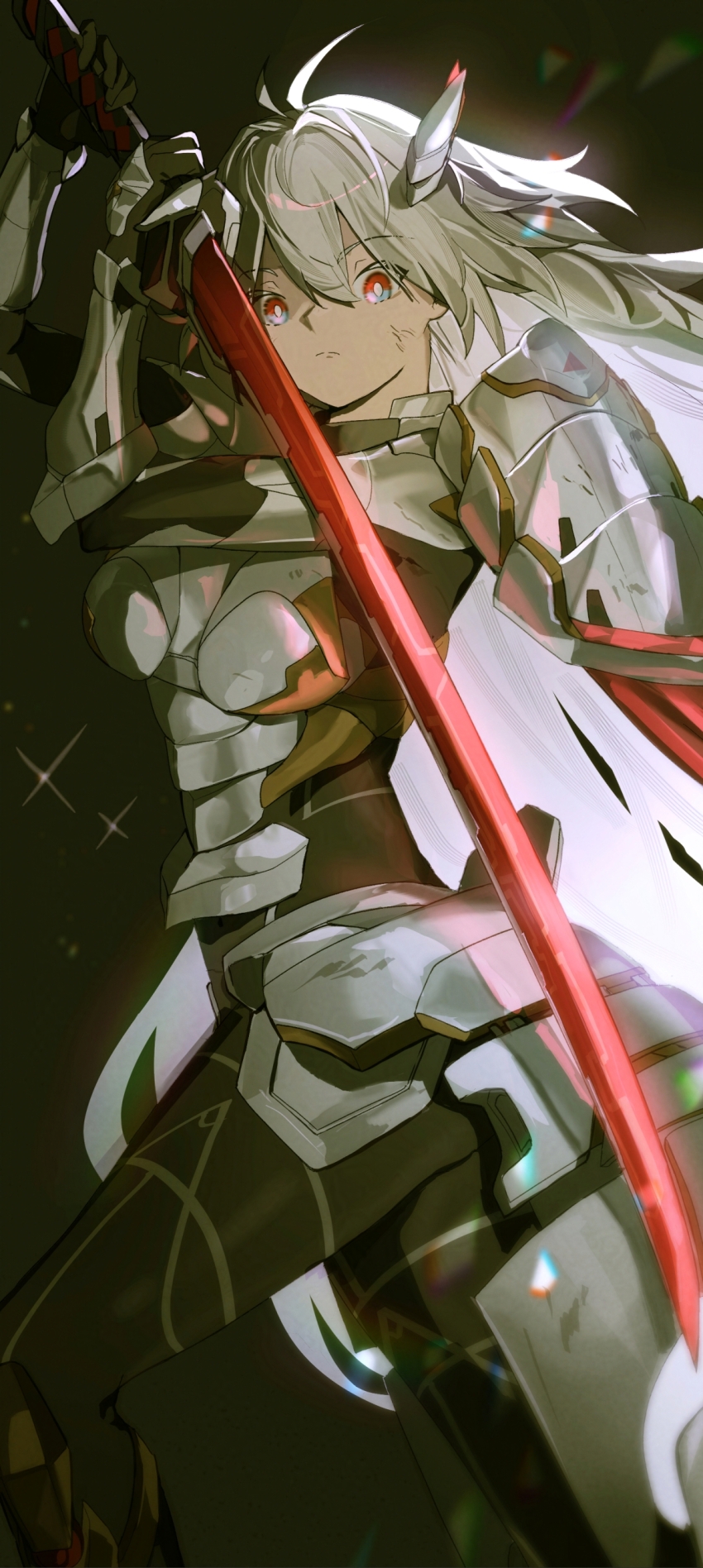 1girl absurdres armor black_background cowboy_shot duel_monster grey_hair highres holding holding_sword holding_weapon horns katana long_hair red_eyes sen-jou simple_background sky_striker_ace_-_zero solo sword weapon yu-gi-oh!