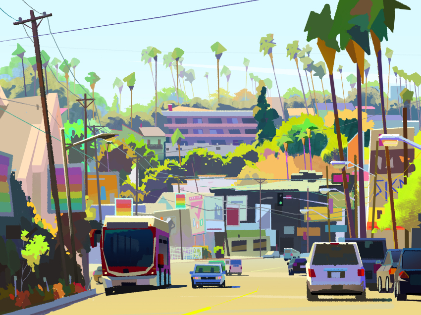 angelasungart apartment blue_sky bus car commentary day english_commentary highres house motor_vehicle no_humans original palm_tree power_lines road scenery sky traffic_light tree utility_pole