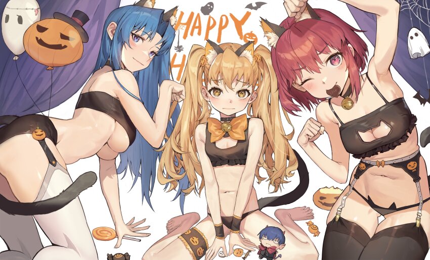 3girls ;) absurdres aisaka_taiga all_fours animal_collar animal_ears armpits ass balloon bandeau barefoot bell black_bandeau black_bra black_garter_belt black_thighhighs blue_eyes blue_hair bow bowtie bra breasts brown_eyes brown_hair candy cat_ears cat_lingerie cat_tail chamchamshia character_doll chocolate cleavage closed_mouth collar commentary dog_ears dog_tail embarrassed fake_animal_ears fake_tail food food_in_mouth garter_belt halloween_costume happy_halloween highres kawashima_ami kushieda_minori large_breasts lollipop long_hair looking_at_viewer meme_attire mouth_hold multiple_girls navel neck_bell one_eye_closed orange_bow orange_bowtie paw_pose petite pink_eyes pink_hair pumpkin short_hair sitting small_breasts smile tail takasu_ryuuji thighhighs tiger_ears tiger_tail toes toradora! twintails underboob underwear wariza white_background white_thighhighs