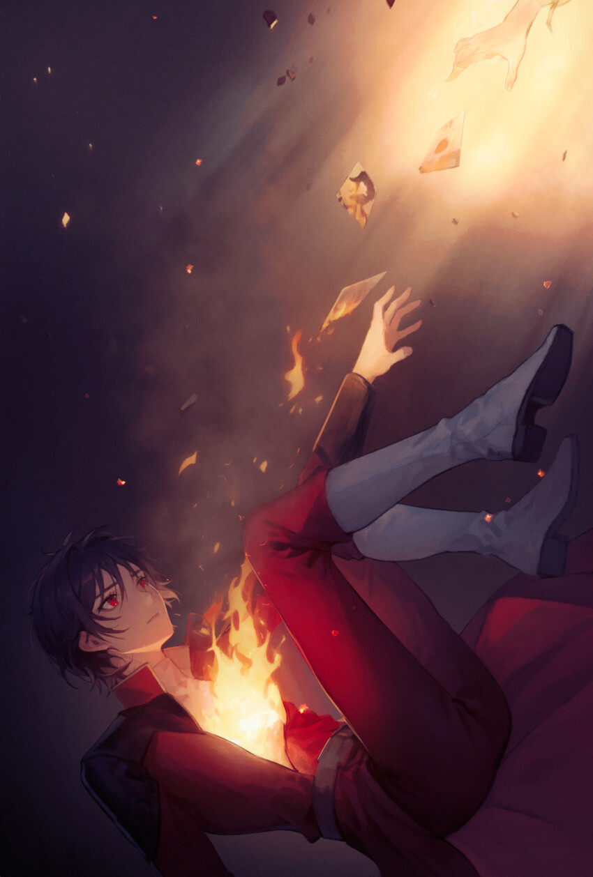 1boy bai_rui black_hair boots burning burning_photo falling fire gundam gundam_seed gundam_seed_destiny gundam_seed_freedom highres long_sleeves male_focus military military_uniform photo_(object) red_eyes red_uniform shinn_asuka short_hair solo zaft_uniform