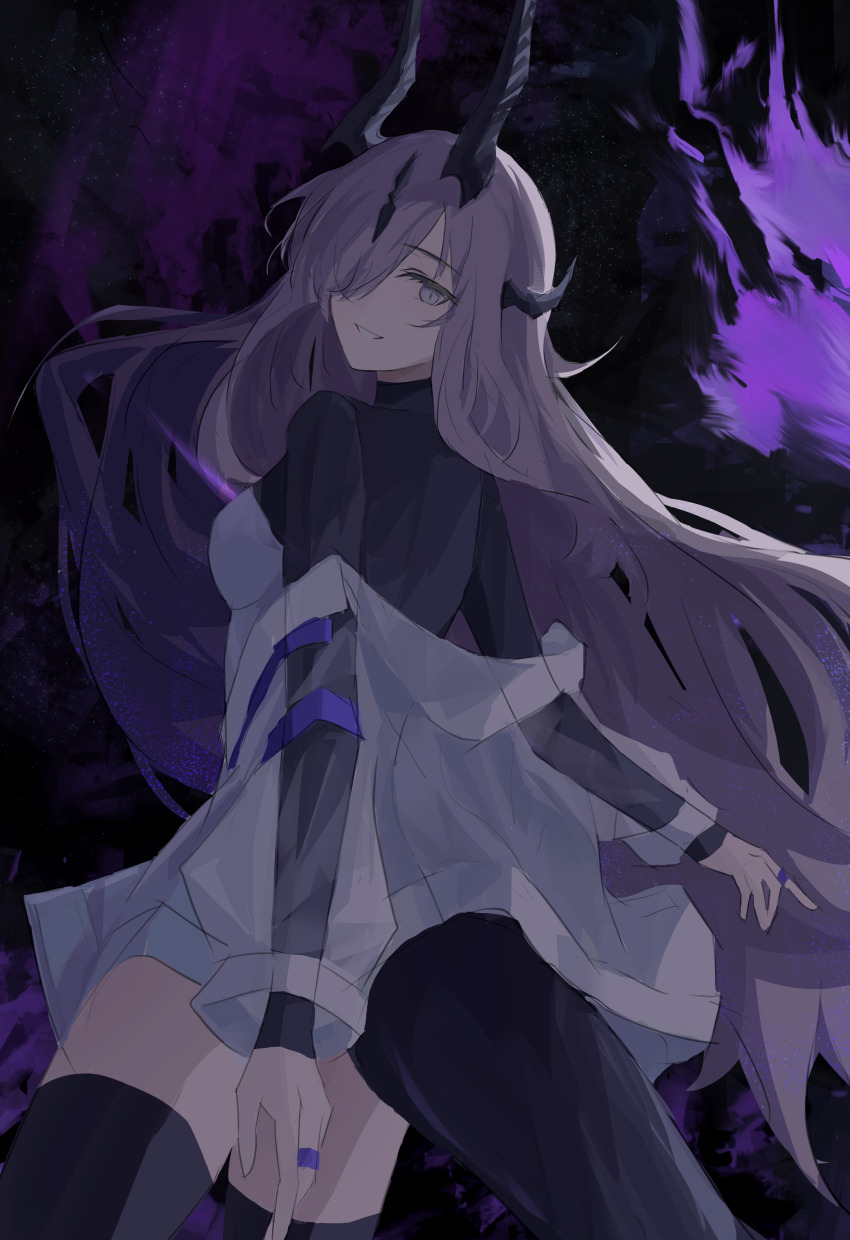 1girl absurdres arknights black_dress black_horns black_tail black_thighhighs commentary cowboy_shot dress grey_eyes grey_hair grin hair_over_one_eye highres horns jewelry long_hair long_sleeves looking_at_viewer multiple_rings necrass_(arknights) off_shoulder one_eye_covered ring shizuyumemi sketch smile solo standing tail thighhighs turning_head white_dress