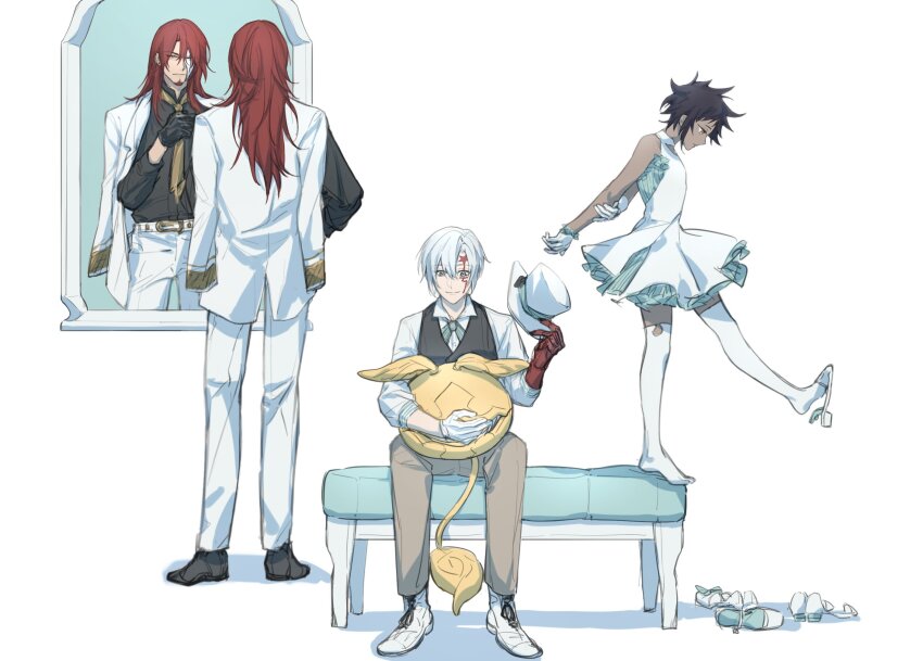 1girl 1other 2boys allen_walker bare_arms bare_shoulders belt black_gloves black_hair black_shirt black_shoes black_vest bow bowtie brown_pants chair coat coat_on_shoulders colored_extremities creature creature_on_lap cross cross_marian d.gray-man dark-skinned_female dark_skin dress ear_piercing earrings facial_hair facial_mark formal_clothes gloves golem_(d.gray-man) green_bow green_bowtie grey_eyes hair_between_eyes hand_on_own_arm hat highres holding holding_creature holding_unworn_clothes holding_unworn_hat jewelry kllmsshyd leg_up long_hair looking_at_creature looking_at_mirror looking_down mask mature_male mirror multiple_boys necktie on_chair one_eye_covered pants piercing red_eyes red_facial_hair red_hair reflection road_kamelot scar scar_on_face sharp_teeth shirt shoes short_hair sidelocks simple_background single_glove sitting smile spiked_hair standing standing_on_chair star_(symbol) star_facial_mark striped_clothes striped_dress striped_suit stud_earrings suit tail teeth thighhighs timcanpy unworn_hat unworn_headwear unworn_shoes vest white_background white_dress white_gloves white_hair white_hat white_pants white_shirt white_shoes white_suit white_thighhighs wings yellow_eyes yellow_necktie zettai_ryouiki