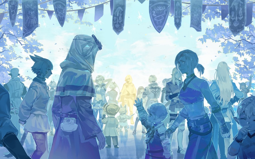 6+boys 6+girls aged_down animal_ears arm_up banner blue_sky capelet cat_ears cloud day estinien_varlineau final_fantasy final_fantasy_xiv gloves group_picture highres hood hood_up hooded_capelet hyur lalafell louisoix_leveilleur minfilia_warde miqo&#039;te multiple_boys multiple_girls open_mouth outdoors papalymo_totolymo pointy_ears ponytail short_hair short_ponytail sky smile standing tataru_taru tree urianger_augurelt white_capelet y&#039;shtola_rhul yda_hext ysayle_dangoulain zmeoow