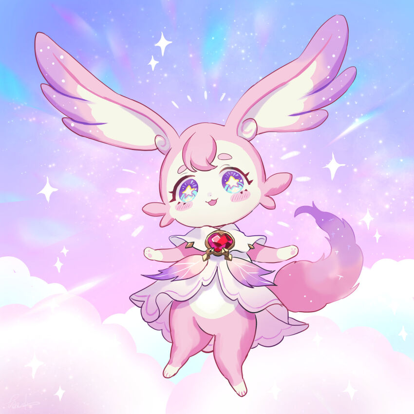 blue_eyes blush commentary_request dress floating full_body gem highres honkai:_star_rail honkai_(series) long_hair maria_(maria_rose) mem_(honkai:_star_rail) no_humans open_mouth partial_commentary pink_fur red_gemstone star-shaped_pupils star_(symbol) symbol-shaped_pupils tail white_dress