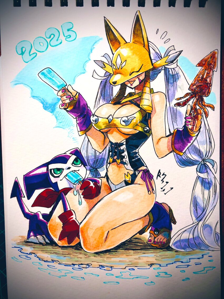 1boy 1girl 2025 alternate_costume bandana bare_shoulders bikini black_bikini breasts cleavage corset demon_boy digimon digimon_(creature) eating food fox_mask gloves green_eyes grey_hair highres holding holding_food holding_popsicle impmon kneeling large_breasts long_hair mask popsicle red_bandana red_gloves revealing_clothes sakuyamon summer swimsuit traditional_media twintails underboob very_long_hair white_bikini yellow_bikini yuriyuri_(ccc)