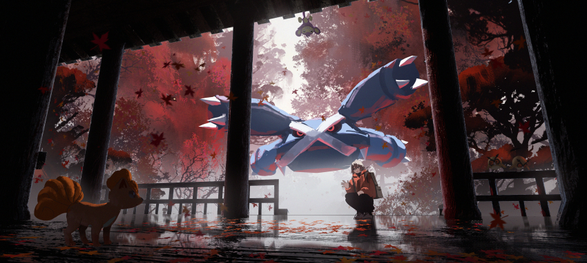 1boy absurdres aipom animal asteroid_ill autumn backpack bag bird brown_hair creatures_(company) falling_leaves forest fox game_freak gen_1_pokemon gen_2_pokemon gen_3_pokemon highres hoothoot jacket leaf metagross nature nintendo pokemon pokemon_(creature) red_jacket reflection short_hair tree vulpix white_footwear