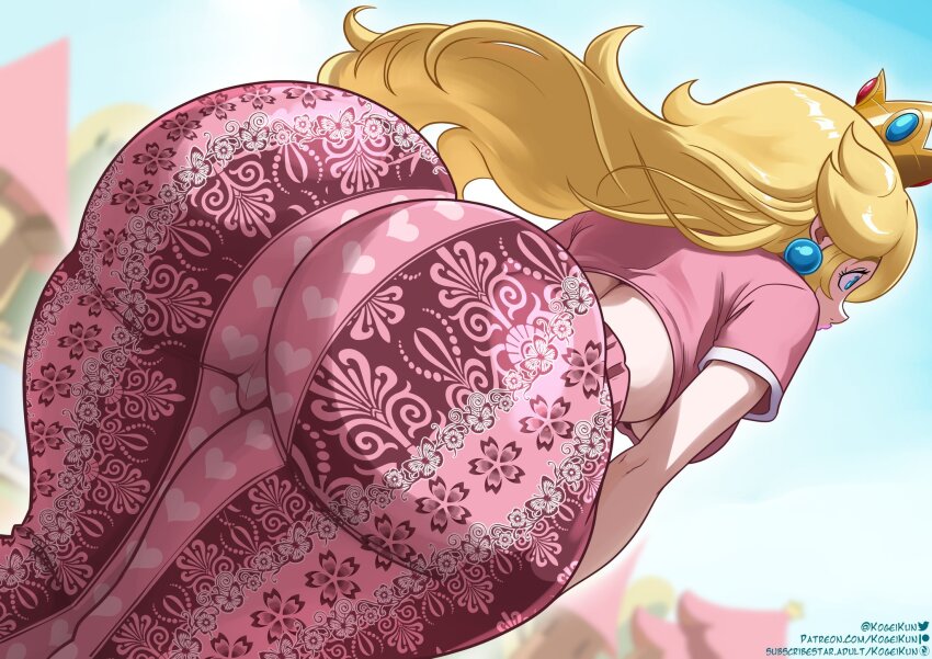 1girl ass blonde_hair blue_eyes breasts crown earrings female_focus forbidden_pants highres huge_ass jewelry kogeikun long_hair looking_back mario_(series) medium_breasts meme_attire nintendo piercing princess_peach solo solo_focus