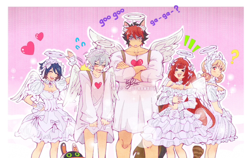 &gt;_&lt; 2boys 3girls :d ? alice_thymefield animal_ears bangboo_(zenless_zone_zero) belle_(zenless_zone_zero) black_hair blonde_hair blue_hair breasts brother_and_sister cat_boy cat_ears cleavage closed_eyes commentary cowboy_shot dress fake_halo flying_sweatdrops grey_hair hair_between_eyes hairband halo heart komano_manato laughing long_hair long_sleeves multicolored_hair multiple_boys multiple_girls official_alternate_costume open_mouth pectorals pink_background rabbit_ears rabbit_girl red_eyes red_hair roti_strawberi shirt siblings simple_background slapping smile standing two-tone_hair ukinami_yuzuha white_dress white_hairband white_shirt wise_(zenless_zone_zero) xd zenless_zone_zero