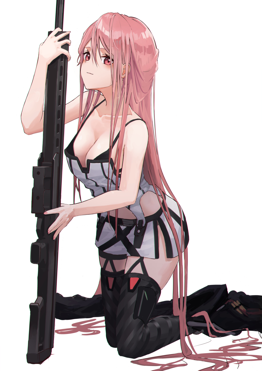 .50_bmg 1girl absurdres ammunition anti-materiel_cartridge anti-materiel_rifle barrett_m82 black_bra black_thighhighs blush boots bra bra_strap breasts bullet cleavage closed_mouth collarbone girls&#039;_frontline gun hanabusaraleigh highres hmg_cartridge holding holding_weapon long_hair looking_at_viewer m82a1_(girls&#039;_frontline) magnum_cartridge match_grade match_grade_ammunition match_grade_firearm match_grade_rifle medium_breasts military_cartridge on_floor pink_eyes pink_hair rifle rifle_cartridge sniper_rifle solo supersonic_ammunition thighhighs underwear weapon white_background