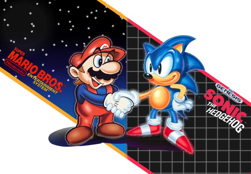 2boys blue_eyes brown_hair facial_hair full_body gloves grin hand_on_own_hip hand_shake highres mario mario_(series) multiple_boys mustache nintendo nintendo_entertainment_system open_mouth overalls retro_artstyle sega_genesis smile smug sonic_(series) sonic_the_hedgehog sonic_the_hedgehog_(classic) standing super_mario_bros._1