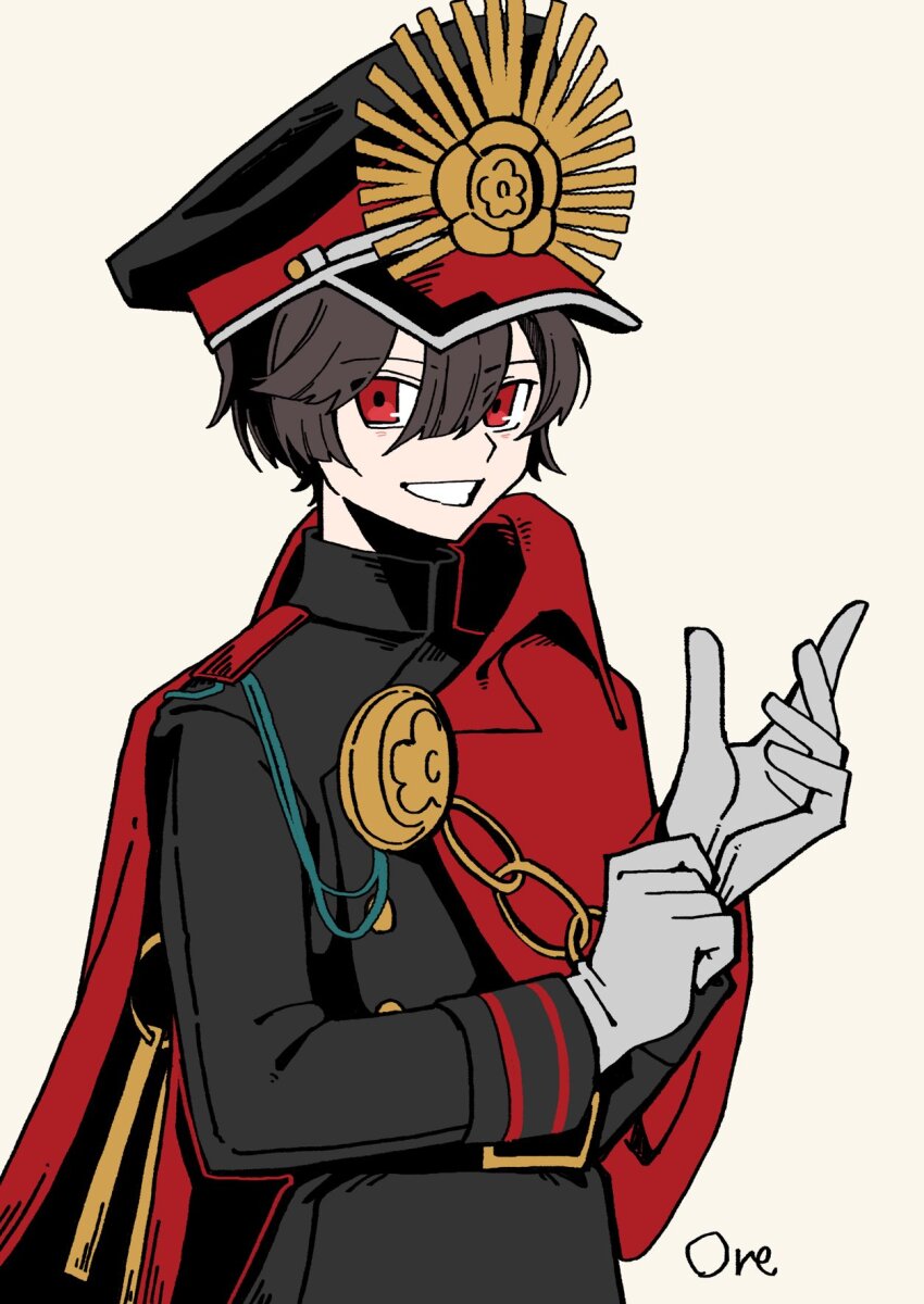 1girl alternate_hairstyle artist_name black_hair buttons cape chain crest family_crest glove_pull gloves goma1021 grin hair_between_eyes hat highres jacket long_sleeves looking_at_viewer oda_nobunaga_(fate) oda_uri peaked_cap red_cape red_eyes short_hair simple_background smile solo teeth white_background white_gloves
