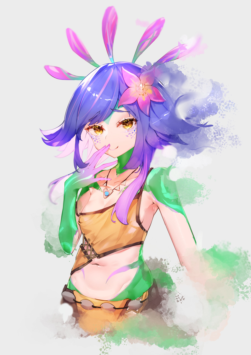 1girl absurdres bare_shoulders bodypaint closed_mouth crop_top flower grey_background hair_flower hair_ornament highres jewelry kirigirisu1221 league_of_legends looking_at_viewer multicolored_hair navel necklace neeko_(league_of_legends) orange_eyes pink_hair purple_hair solo streaked_hair two-tone_hair