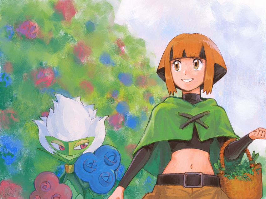 1girl basket belt black_hair bush capelet cargo_shorts commission flower garden gardenia_(pokemon) gen_4_pokemon go-lurk grin looking_at_another multicolored_hair navel nintendo orange_eyes orange_hair outdoors pokemon pokemon_dppt red_eyes roserade short_hair shorts smile two-tone_hair undershirt upper_body
