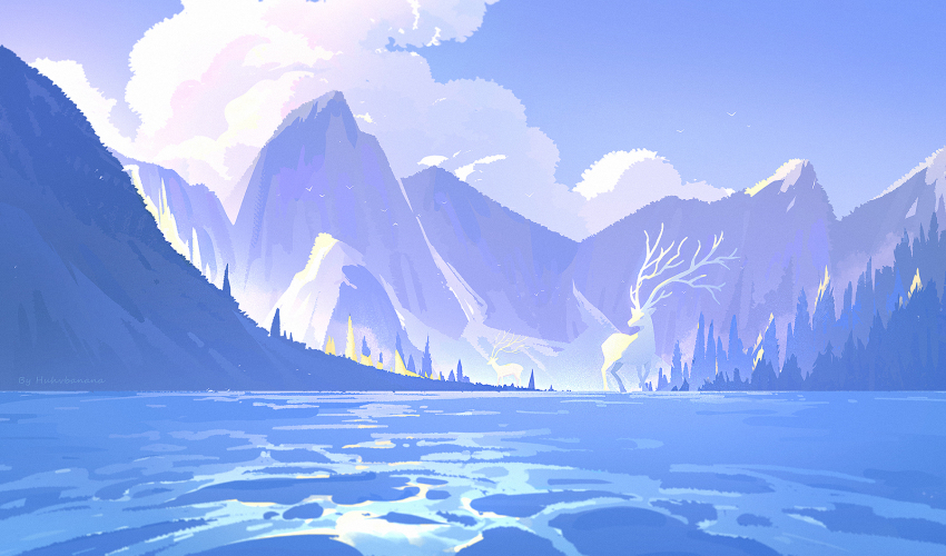 animal antlers blue_sky blue_theme cloud cloudy_sky day deer forest highres horns huhv. landscape mountain nature no_humans original outdoors scenery sky tree water