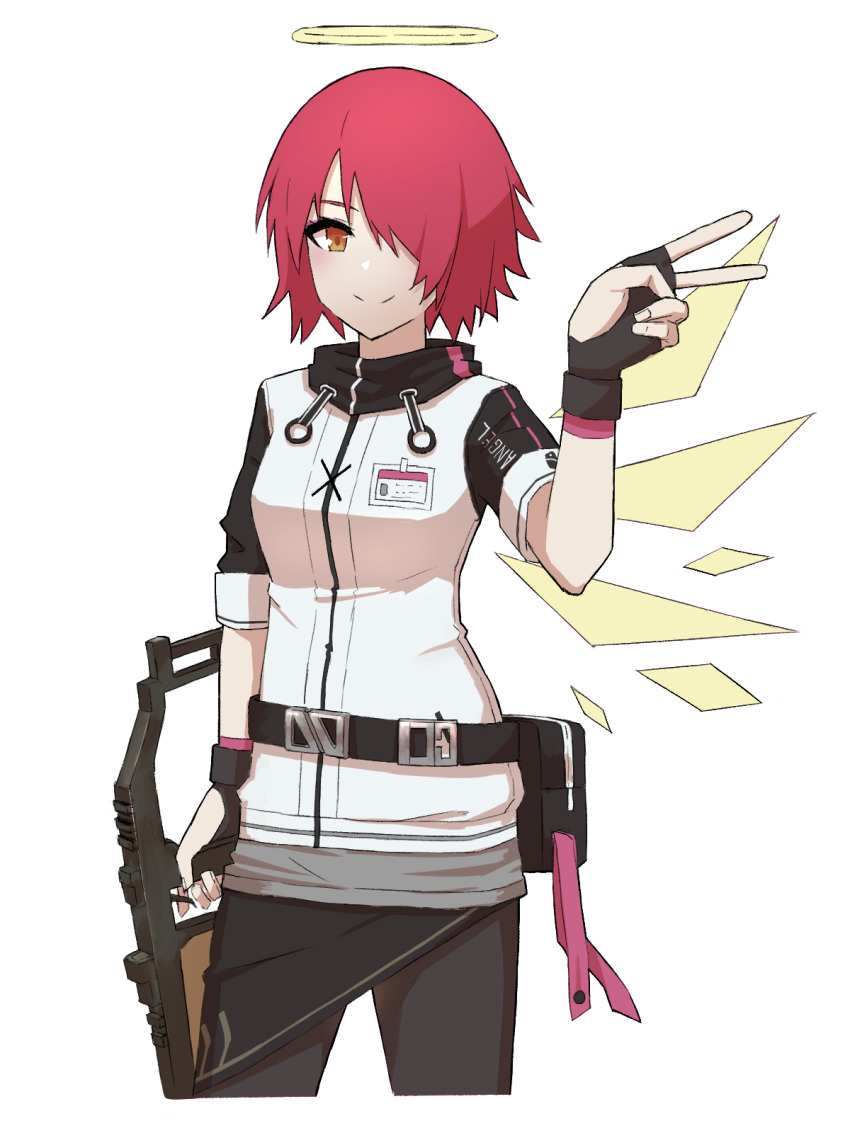 1girl arknights black_gloves black_pantyhose black_sleeves closed_mouth commentary_request cropped_legs exusiai_(arknights) fingerless_gloves gloves hair_over_one_eye halo highres jacket looking_at_viewer pantyhose pink_hair short_hair short_sleeves smile solo split_mouth standing tabletennis229 traditional_halo v white_jacket yellow_eyes yellow_halo