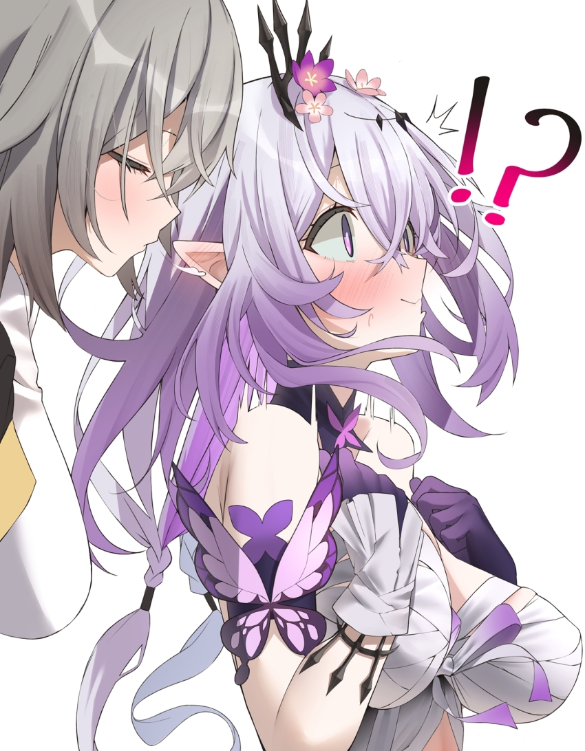 !? 2girls blowing_in_ear blush breasts butterfly_ornament castorice_(honkai:_star_rail) commentary_request dress flower from_side grey_hair hair_flower hair_ornament highres honkai:_star_rail honkai_(series) large_breasts long_hair multiple_girls nidaime_(doronbo) pointy_ears purple_eyes purple_hair stelle_(honkai:_star_rail) tiara trailblazer_(honkai:_star_rail) upper_body white_background white_dress